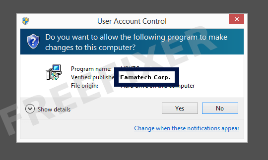 Screenshot where Famatech Corp. appears as the verified publisher in the UAC dialog
